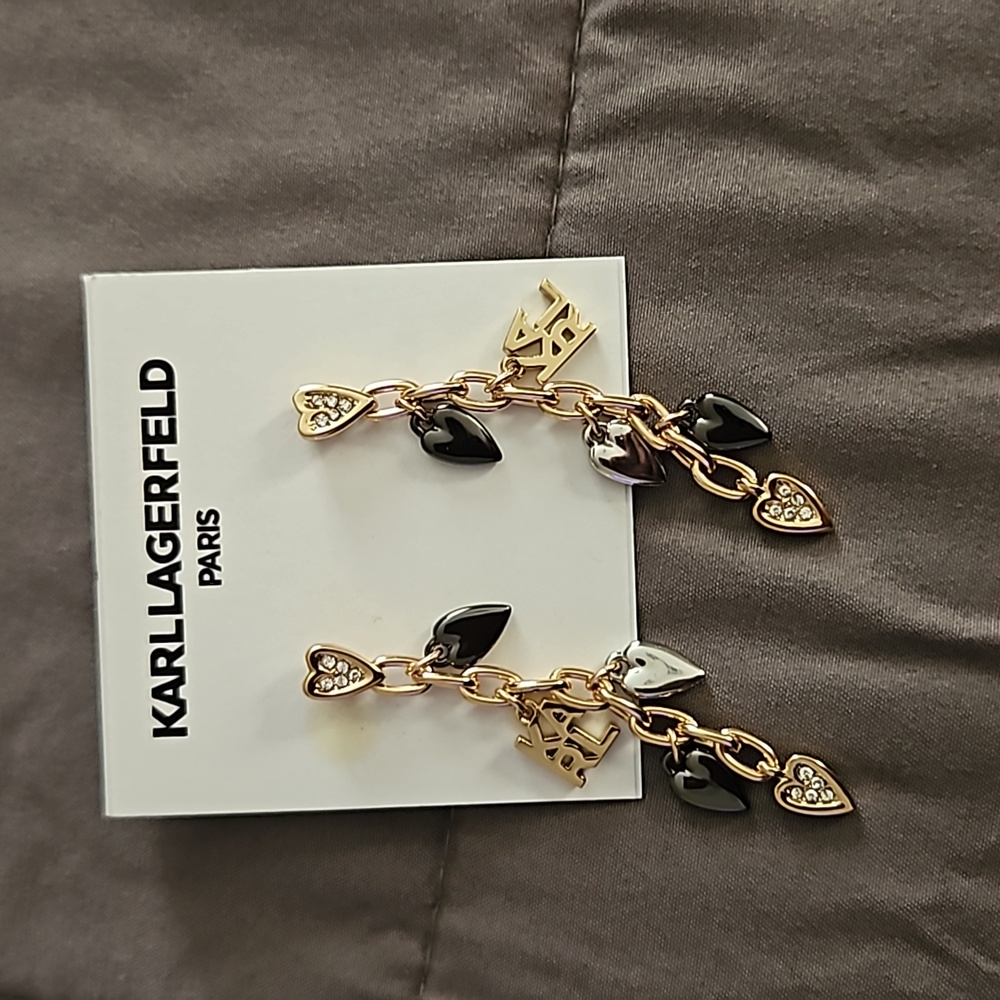 Karl lagerfeld Heart logogold silver dangle chain charm Earrings Y2K Bling